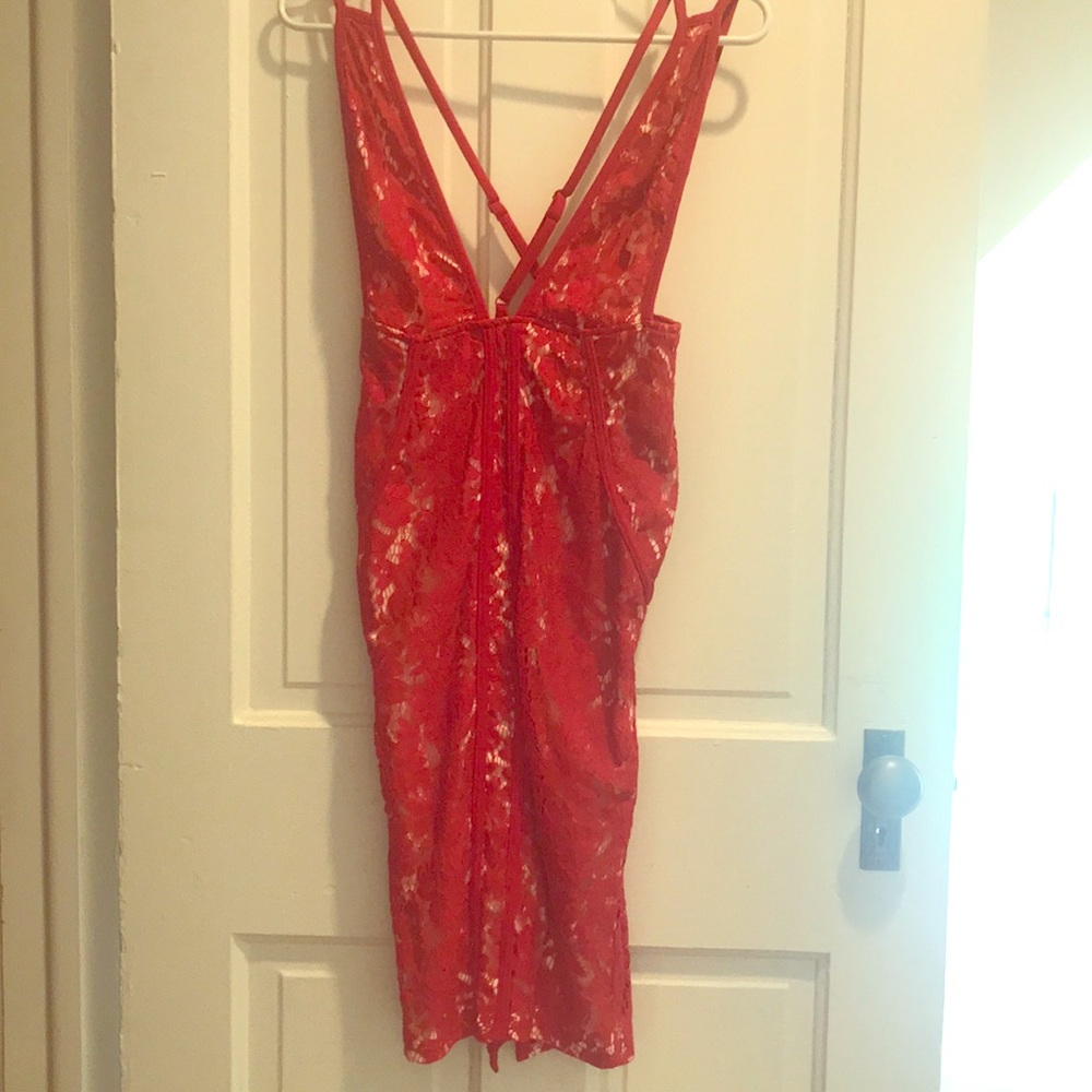 Red lace midi dress